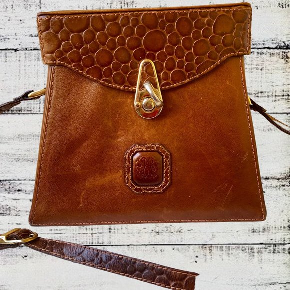 Linea Gani Brown Leather Hard Case Handbag Vintage 70's Crossbody Croc Trim - Picture 5 of 15